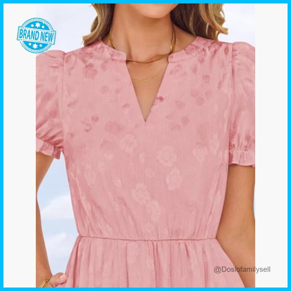 Floral Textured Midi Dress Puff Sleeve V Neck Ruffle Chic Summer Party Wear - Picture 5 of 7